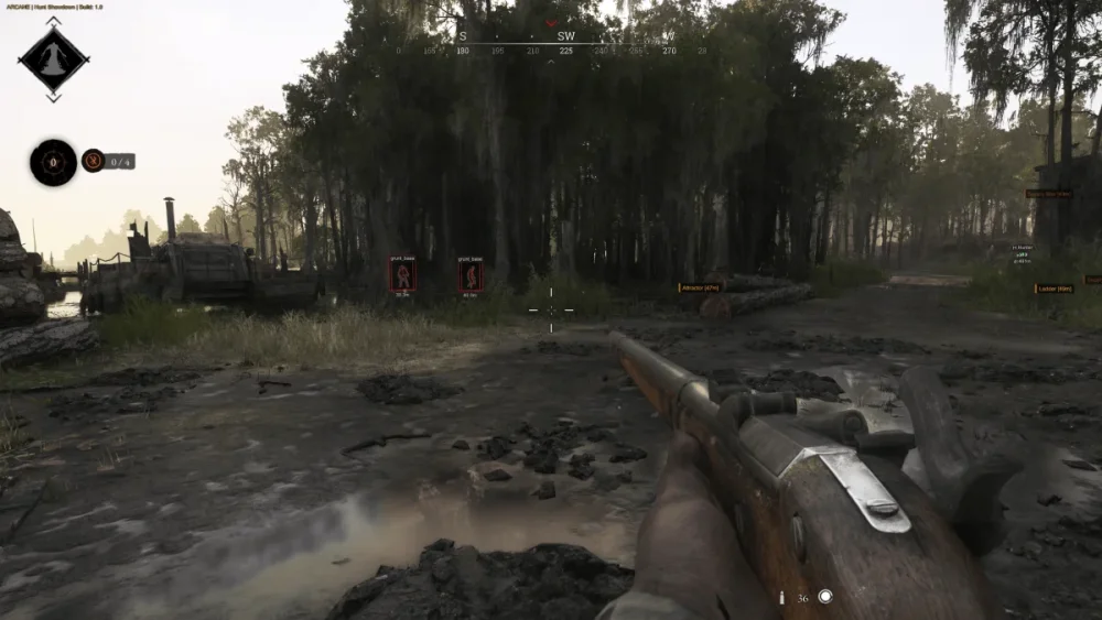 First-person view from a video game shows a muddy swamp with dense trees. The player holds a rifle, with red target markers in the distance, creating a tense ambiance.