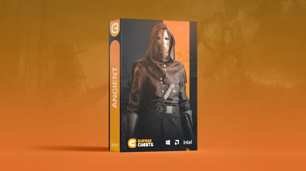 Box design for Ancient game software on orange background. Features a hooded, masked figure with a medieval aesthetic, conveying mystery and intrigue.
