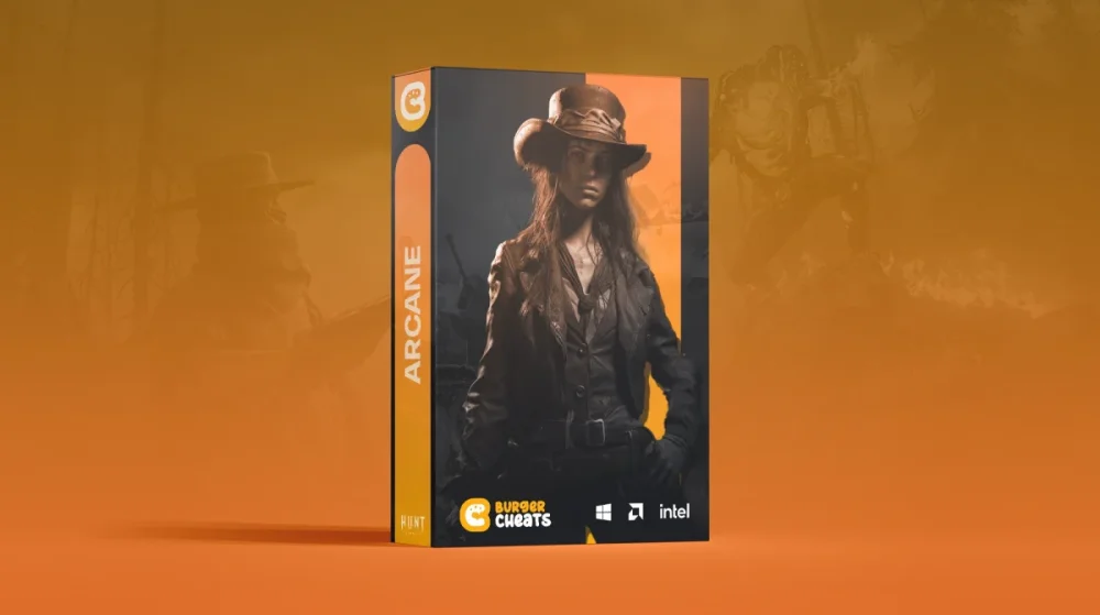 Box design for Arcane by Burger Cheats, featuring a mysterious woman in a cowboy hat and coat. Background has an orange tint and faded imagery.