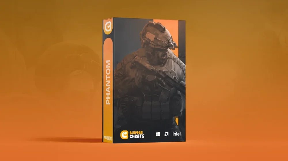 A game software box titled Phantom features a tactical soldier holding a rifle. The background is a gradient from orange to dark, with logos below.