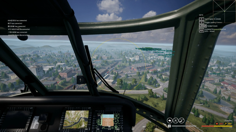 View from a helicopter cockpit in a video game, overlooking a detailed cityscape and distant mountains. The screen displays cockpit controls and player information.