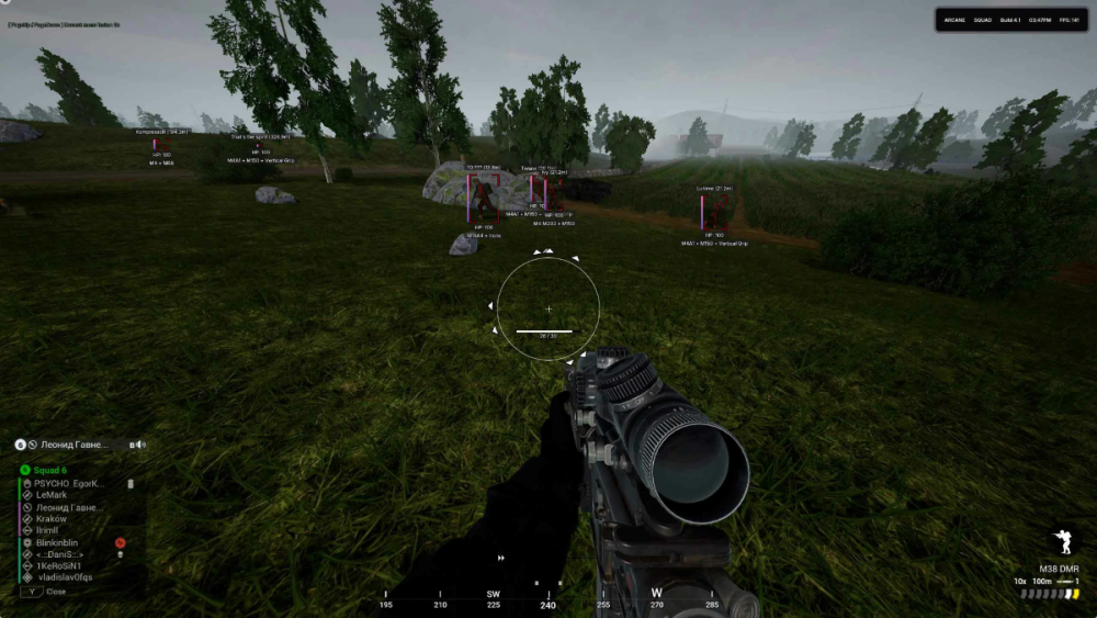 A player in a first-person shooter game holds a scoped rifle, aiming at distant enemies marked with red indicators across a grassy field with trees.