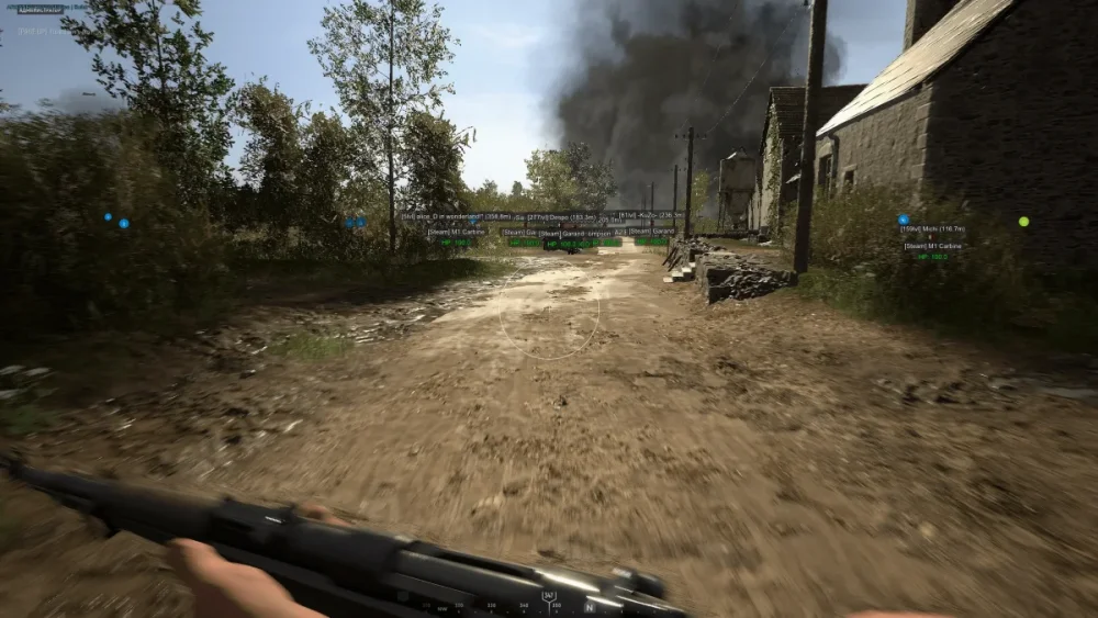 First-person view of a soldier in a video game, holding a rifle, on a dirt road with trees and buildings. Smoke rises in the distance, suggesting action.