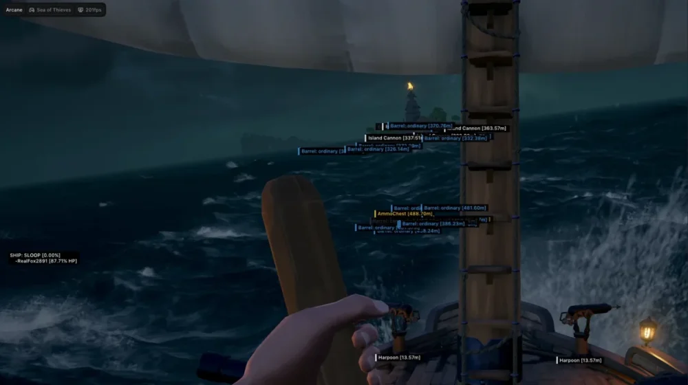 A first-person view from a ship in a stormy sea at night, with dark clouds and rough waves. The player holds the ship's wheel, navigating towards a distant lighthouse on the horizon. Game HUD displays information like locations and distances. The atmosphere is tense and adventurous.
