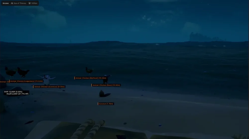 A nighttime beach scene from a video game shows several chickens labeled by type on the sand near the ocean, with game interface elements visible.