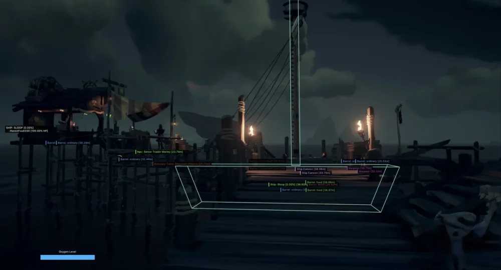 The image depicts a dimly lit virtual dock scene at night, featuring multiple game objects outlined with text labels. Torches illuminate the wooden structures under a cloudy sky, creating a mysterious atmosphere.