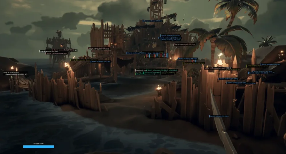 An animated scene of a wooden fort on a beach with palm trees and torches, set under a cloudy, dark sky. Various labels highlight parts of the structure and environment. The mood is mysterious and adventurous.