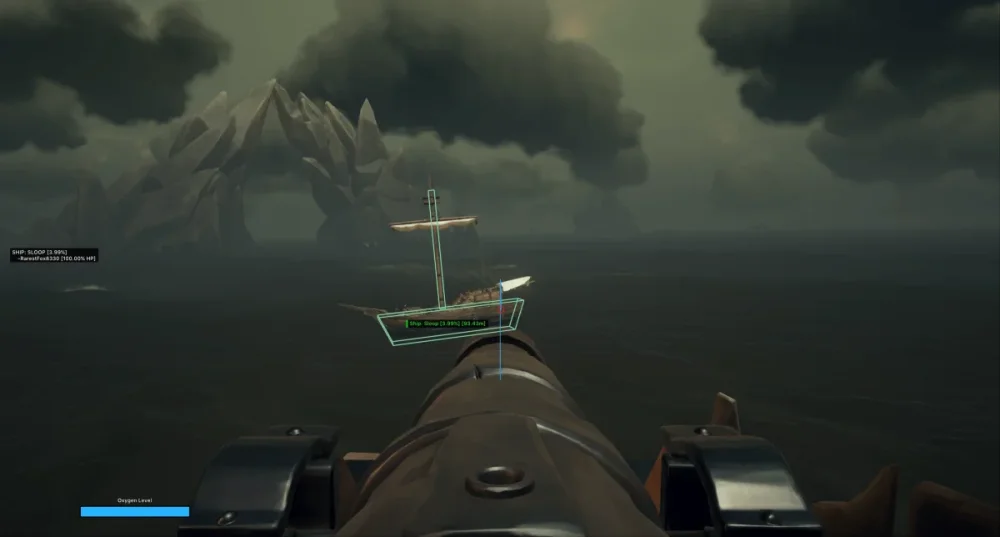 Video game scene showing the view from a ship's cannon aimed at a small boat on a dark, stormy sea with jagged rock formations in the background.