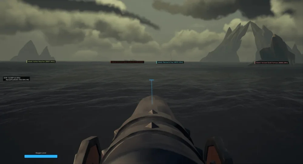A ship's cannon points towards a vast ocean. The sky is overcast with dark clouds, and jagged mountains loom in the distance, creating an ominous atmosphere.