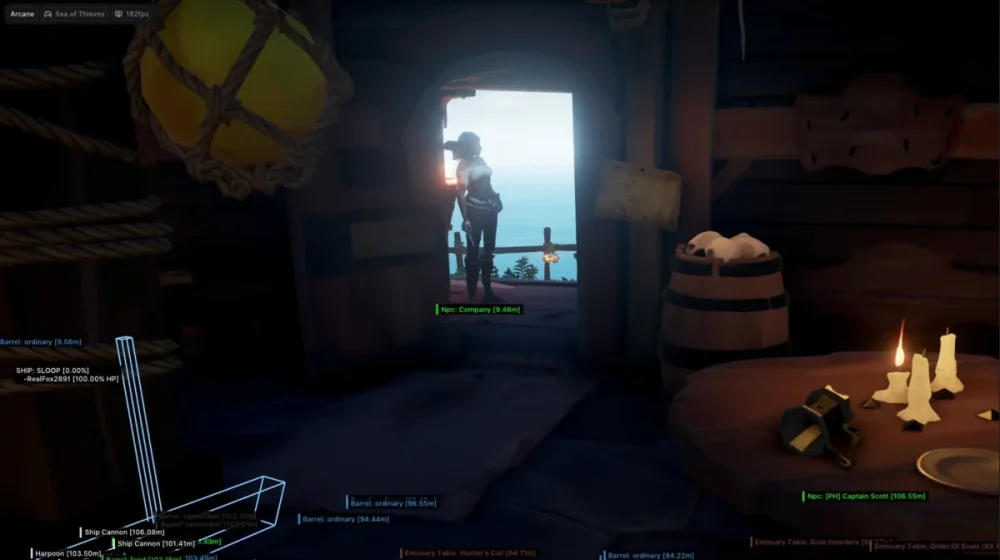 A pirate silhouetted by sunlight stands in a ship's doorway, ocean visible in the background. Inside, candles and barrels add a rustic feel.