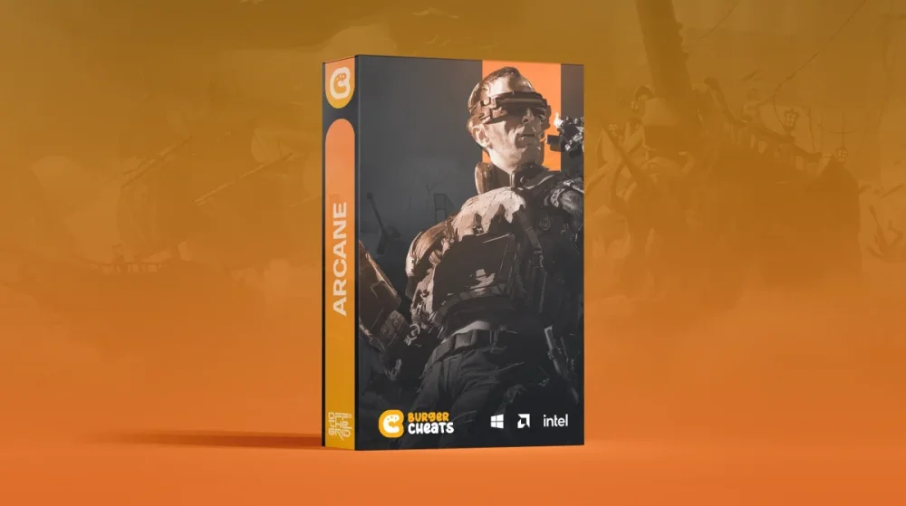 Box labeled "Arcane" with a soldier in tactical gear and headset on the cover. Background has a faint image of ships. Logos for "Burger Cheats," Windows, and Intel are visible. The box stands on an orange gradient surface.