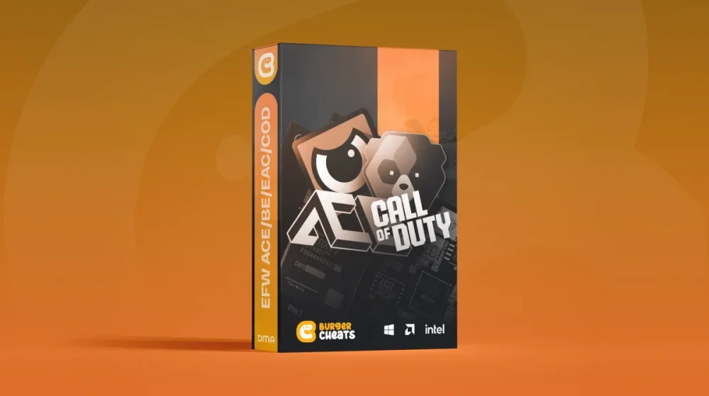 A product box on an orange gradient background features gaming-themed graphics and text related to Call of Duty, with logos for Burger Cheats and tech brands. The box has a sleek, modern design.