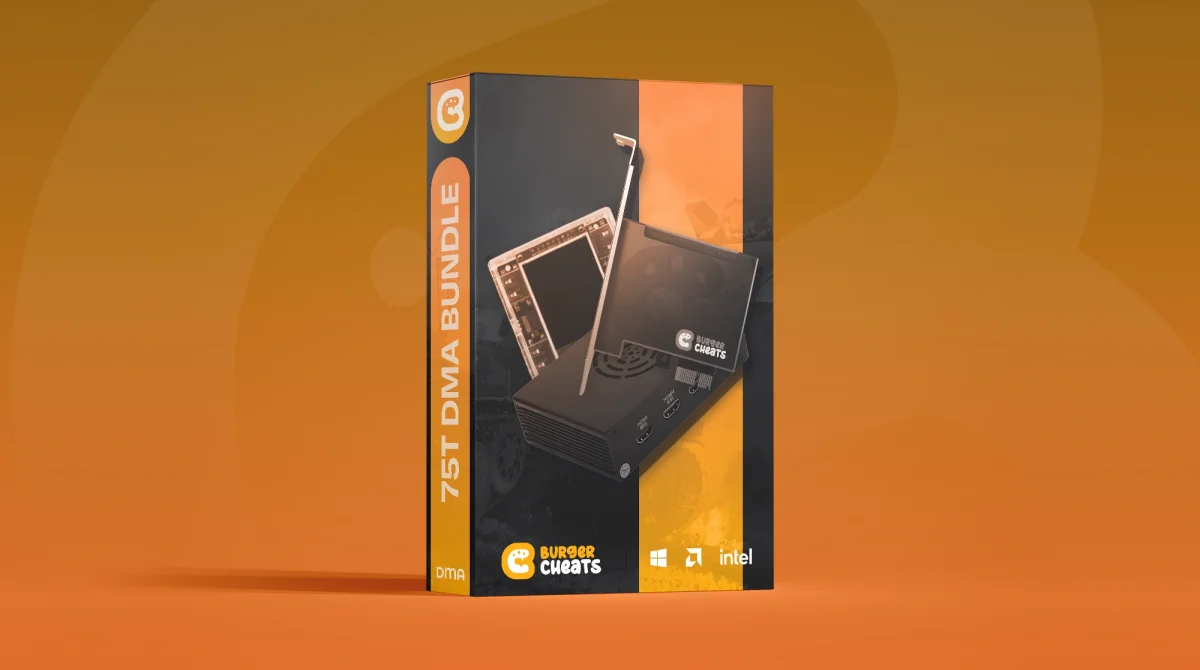 A box for 75T DMA Bundle by Burger Cheats against an orange gradient background, showcasing computer hardware with Intel and Windows logos.
