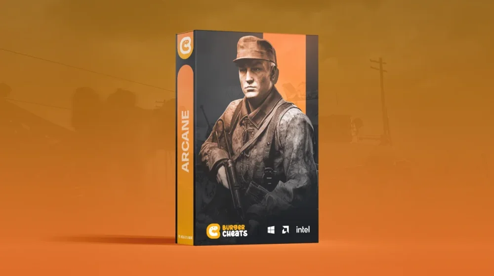Box art featuring a soldier in a vintage uniform holding a weapon, set against an orange background. The text reads 'Arcane' with logos for Burger Cheats, Windows, and Intel below.