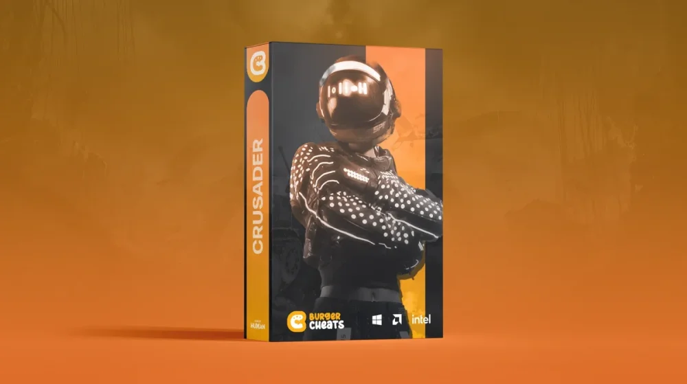 A futuristic, helmeted figure with glowing patterns stands with crossed arms on an orange and black box labeled "Crusader." Logos for Burger Cheats, Windows, and Intel are visible. The tone is bold and modern.