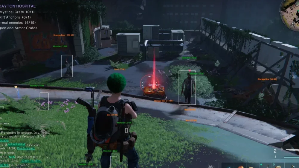 A video game scene shows a player character with a green fro, holding a weapon. They're on a rooftop with scattered crates and enemies, highlighted by various HUD elements. The setting is overgrown and dystopian, featuring plants and a red beam indicating an objective or item. The ambiance feels tense and strategic.
