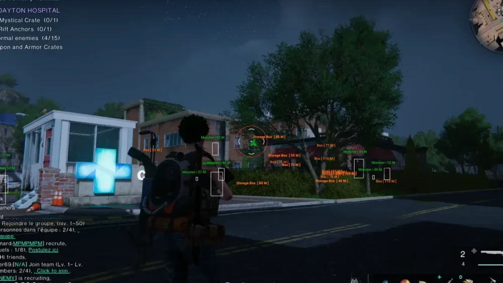 A video game scene at night shows a character with a backpack and weapons standing on a street. Digital overlays highlight targets and objectives.