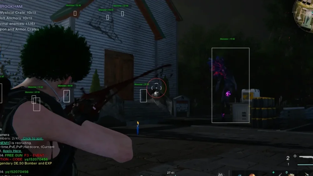 A game scene shows a player with an afro aiming a crossbow at a large, glowing monster near crates. Text and HUD elements overlay the dark, moody environment.