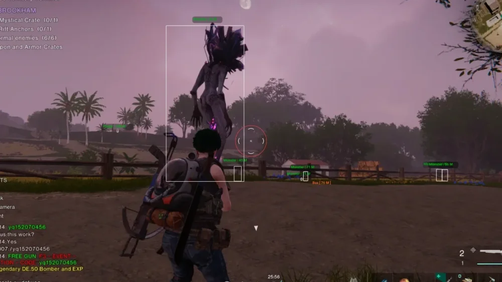 A video game scene features a female character aiming at a large, humanoid creature with spikes, set in a rural area with trees under a purple sky.