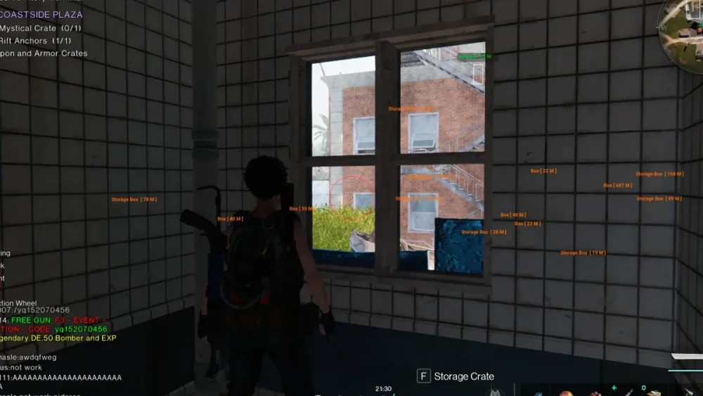 A video game scene shows a character inside a tiled room, looking out a window at a brick building. Text overlays highlight various distances. The mood is tense.