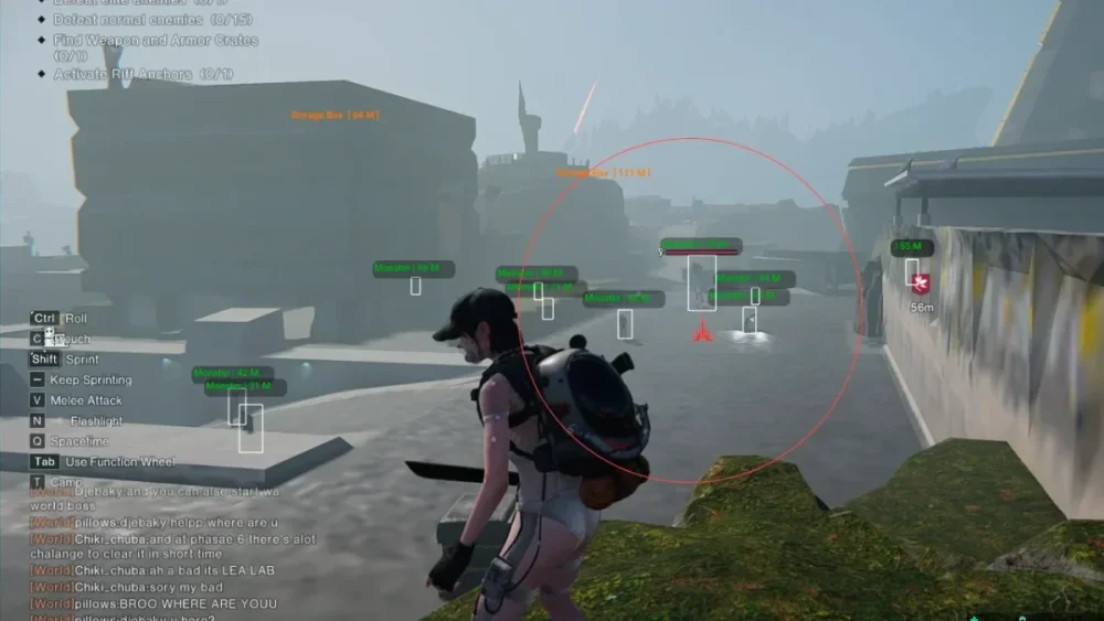 A female character in tactical gear stands in a digital landscape, surrounded by a red targeting circle and HUD elements. Chat text and status details fill the screen, conveying an intense gaming atmosphere.
