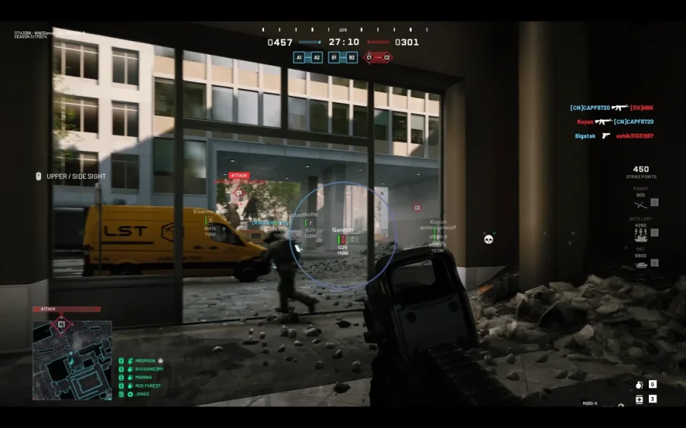 A combat scene shows a soldier aiming through a window at an urban area, with debris scattered on the floor and a yellow van outside.