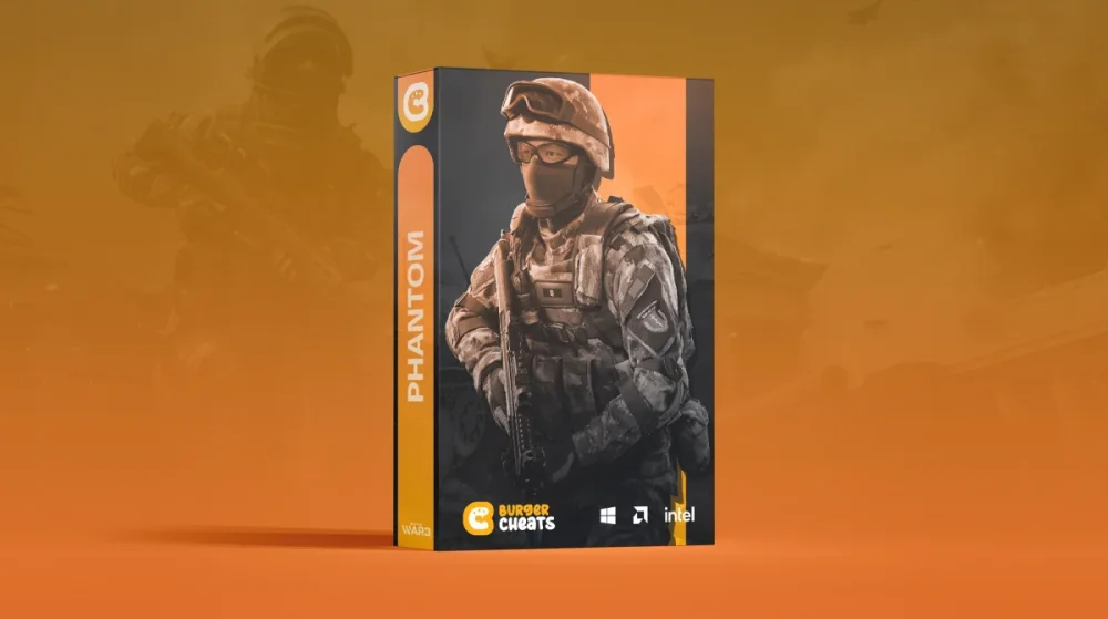 A product box titled 'Phantom' features a soldier in tactical gear with a rifle, set against an orange background.