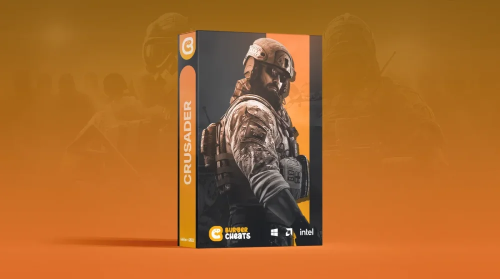 Video game box art for "Crusader" by Burger Cheats; features a rugged soldier in tactical gear, set against an orange background with action poses.