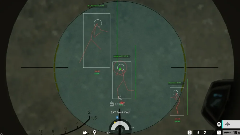 Video game sniper scope HUD views stick-figure targets on a backyard lawn. Three targets labeled with names and distances, conveying a tactical tone.
