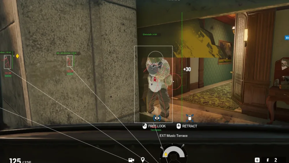 A screenshot from a tactical video game shows a player aiming at an opponent near a doorway. Game HUD displays health, location, and options. Intense and focused ambiance.