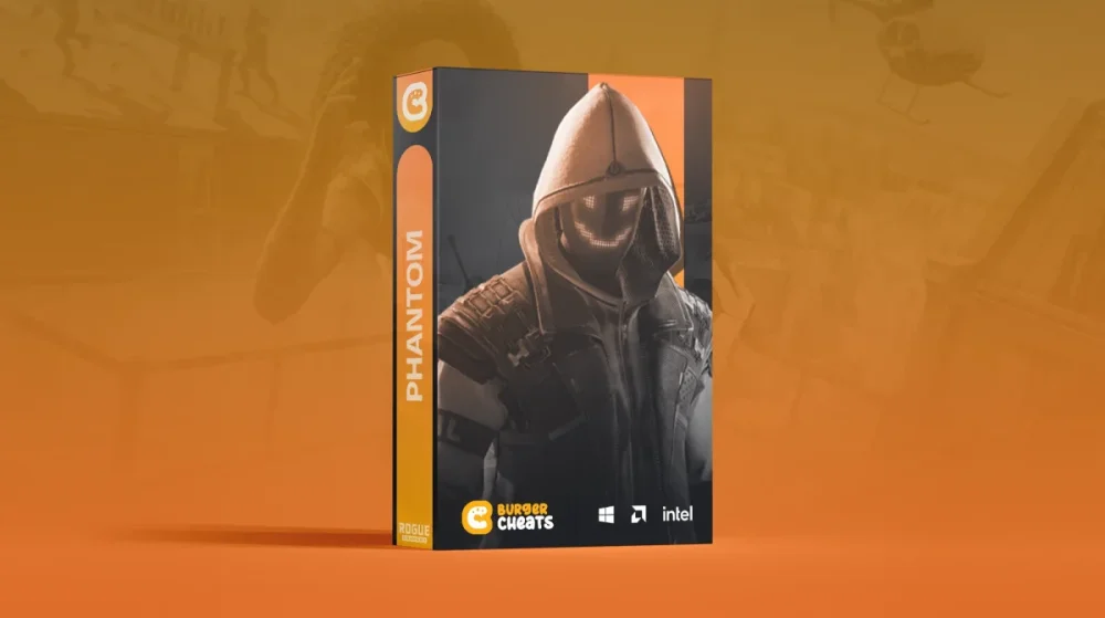 Orange-toned box for a video game cheat software branded 'Phantom' by Burger Cheats. Features a hooded, masked figure on the cover, with logos for compatible platforms below.