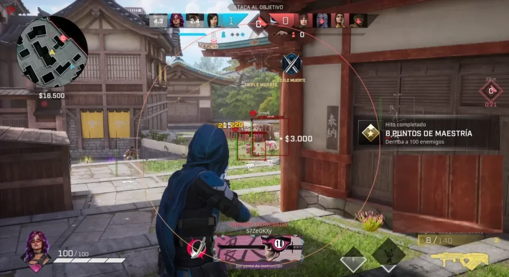 A gamer character in a blue hood aims a weapon in a Japanese temple setting. Interface elements show $3,000 earned and achievements. Action-focused tone.