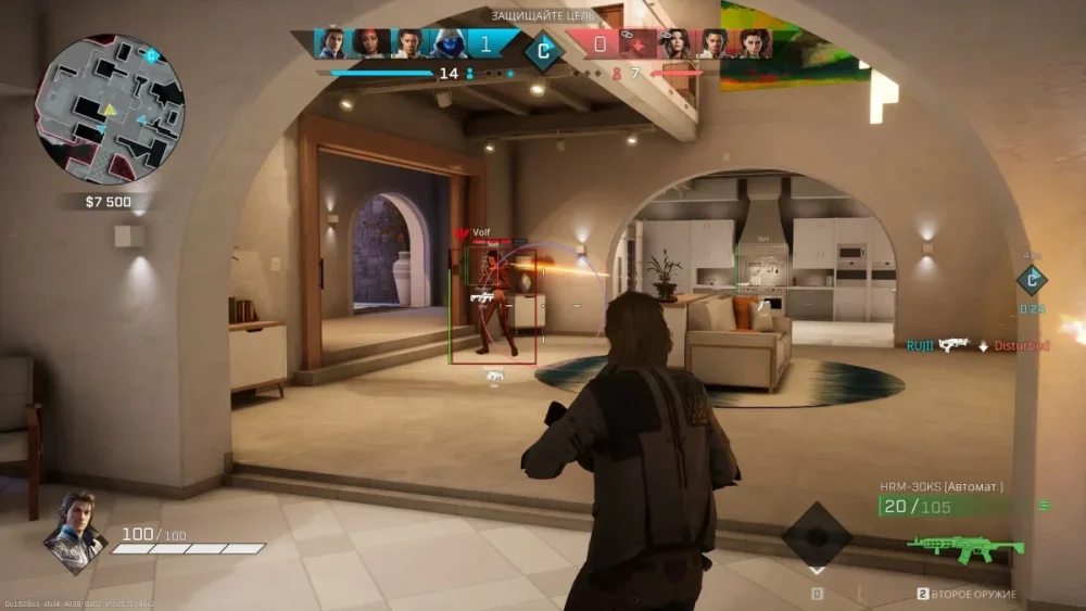 A video game scene shows a character aiming at an opponent in a modern, arch-filled room. Bright, intense action with a strategic focus.