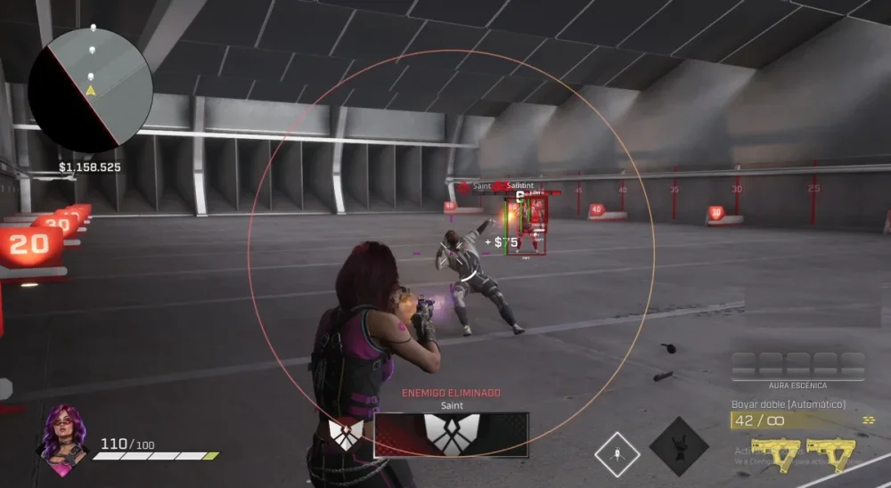 A video game scene shows a character with purple hair aiming a rifle at an opponent in a shooting range. Red targets and interface elements are visible.