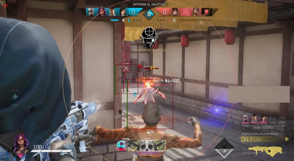 Video game screenshot depicting a first-person shooter view with targeting scope. A character aims at an opponent in a corridor, indicating intense action.