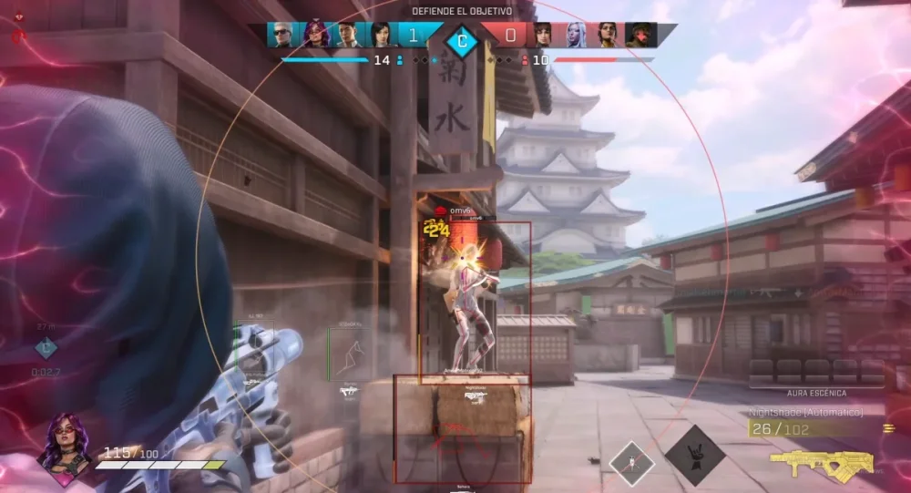 A first-person shooter game screen shows a player aiming at a glowing enemy on a rooftop. Japanese architecture is in the background. The tone is intense and action-packed.