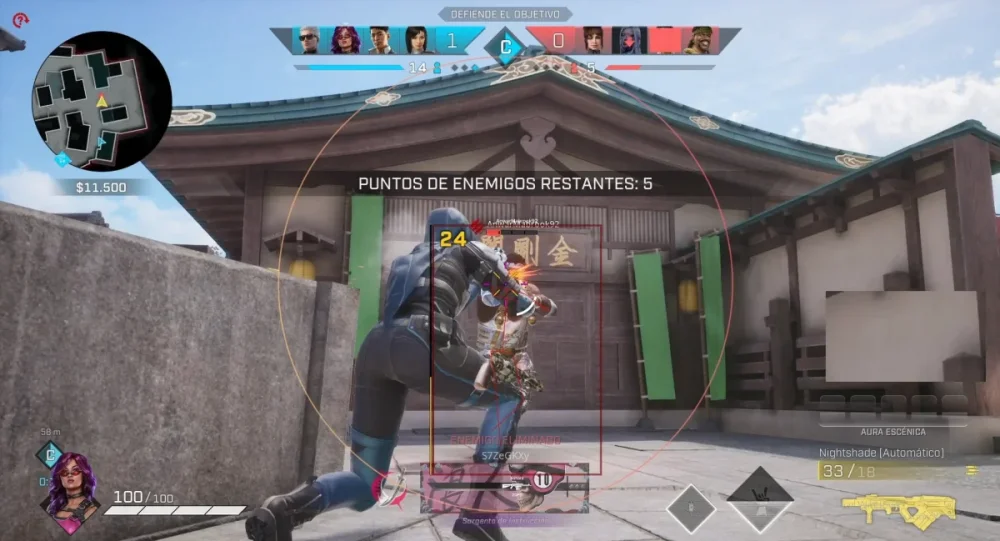 Screenshot of a third-person shooter video game showing a character aiming a gun at an enemy near a traditional Japanese building. A mini-map and health bars are visible. The tone is action-packed.