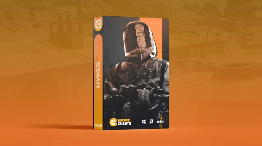 The image shows a box labeled 'Hyper' with a dark, dramatic design. It features a soldier in tactical gear holding a weapon. The background is orange, with logos for 'Burger Cheats,' Windows, and Intel at the bottom. The tone is intense and action-focused.