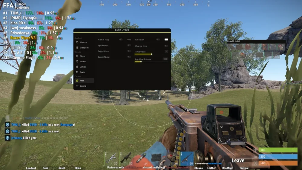 Screenshot of a first-person shooter game interface, showing grassy landscape, a rifle aiming at the horizon, multiple HUD elements, and in-game chat.