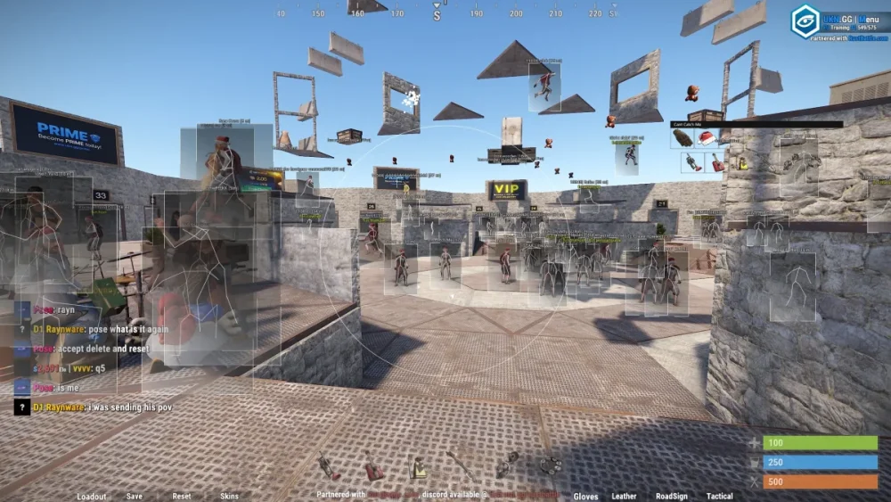 In-game screenshot of an environment with floating geometric shapes and character models. The scene features gray stone walls, a tiled floor, and a bright blue sky. Text elements are overlaid, indicating chat messages and player statuses. The atmosphere is dynamic and chaotic, suggesting an intense gameplay scenario.