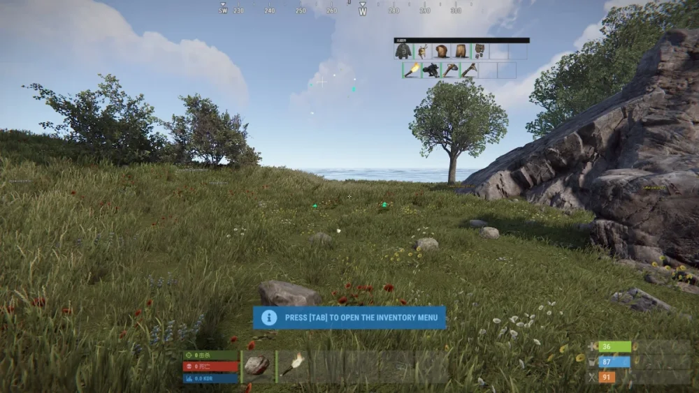 A serene video game landscape showing a grassy field with scattered rocks and colorful flowers. Trees and a rocky hill are set against a bright, cloudy sky. An interface overlay prompts, 'Press [TAB] to open the inventory menu.'