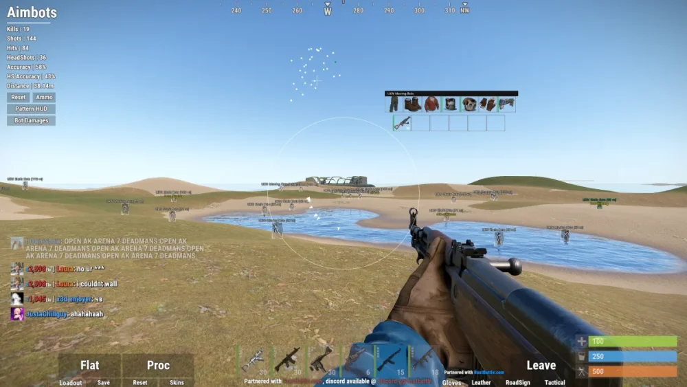 A first-person shooter game screenshot, featuring a player holding a rifle aiming toward a distant structure across a sandy terrain with small ponds. Various on-screen text and player stats are displayed, indicating a multiplayer combat setting.