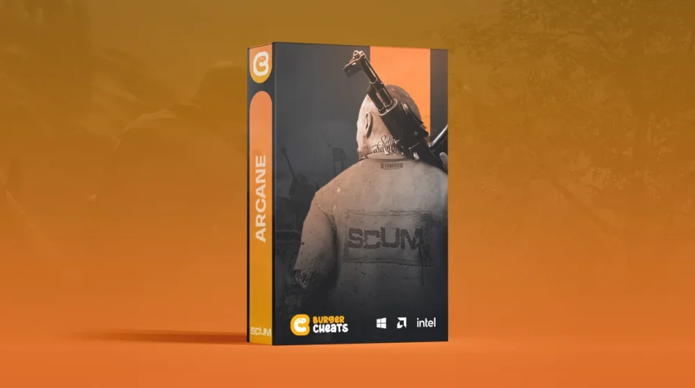 Box design for 'Arcane' by Burger Cheats. Front shows a person with a gun on their back, and 'SCUM' on their shirt. Logos include Burger Cheats, Windows, and Intel, with an industrial background in orange tones.