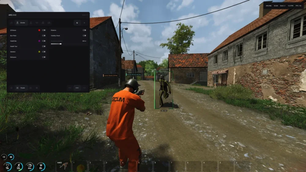 A player in an orange jumpsuit aims a gun at an approaching zombie in a video game. They stand on a rural street with old buildings and greenery.