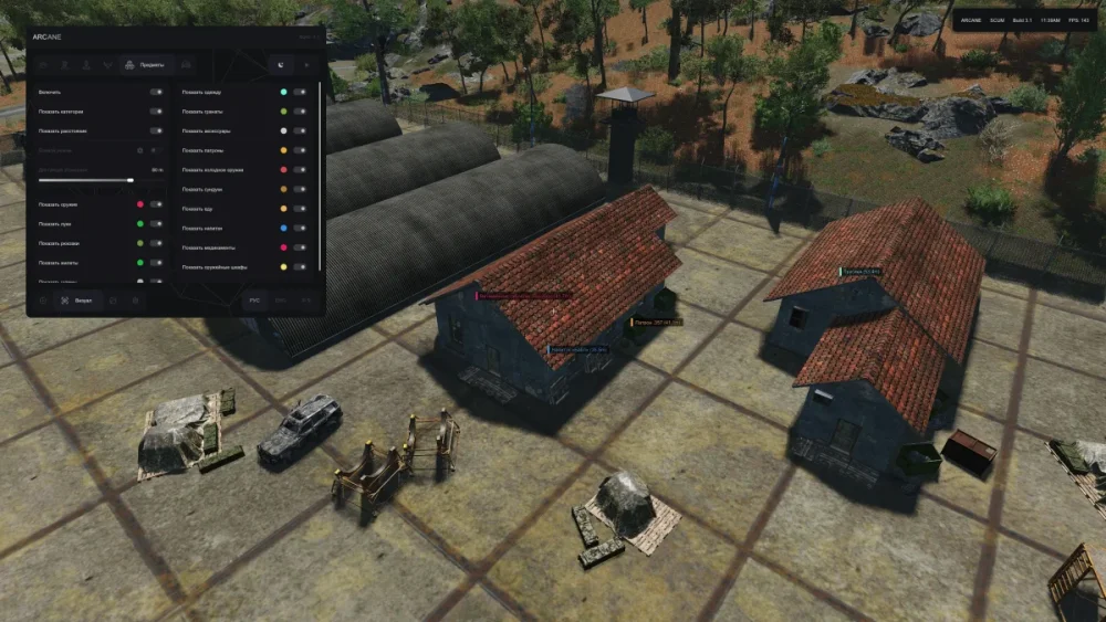 Aerial view of a digital game scene featuring two rustic, red-roofed houses on a grid-patterned terrain. A control panel with settings overlays the scene. Nearby, a few vehicles and scattered objects are visible. Dense trees and rocky hills create a natural backdrop, conveying a strategic or military theme.