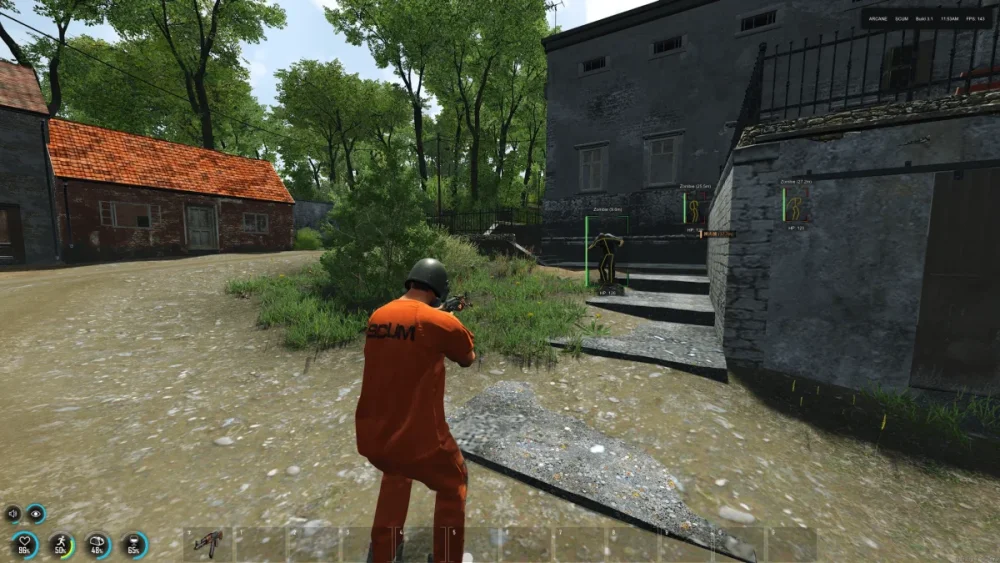 A person in an orange outfit stands outdoors aiming a gun towards stairs leading to a gray building. Another figure is seen on the stairs. Surrounding trees and buildings evoke a tense, strategic atmosphere.