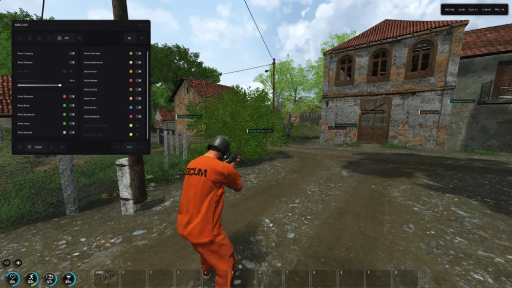 A person in an orange jumpsuit and helmet aims a rifle in a rustic village setting with old stone buildings and green foliage. A game menu is visible.