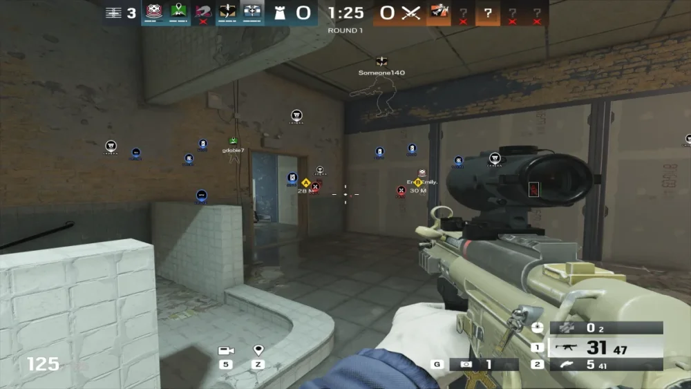 First-person shooter game scene showing a player inside a tiled room with a weapon. HUD displays player stats and objectives. Tense, tactical atmosphere.
