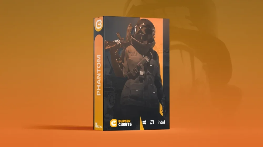 The image shows a product box labeled Phantom from Burger Cheats, set against an orange background. It features a hooded figure in tactical gear.