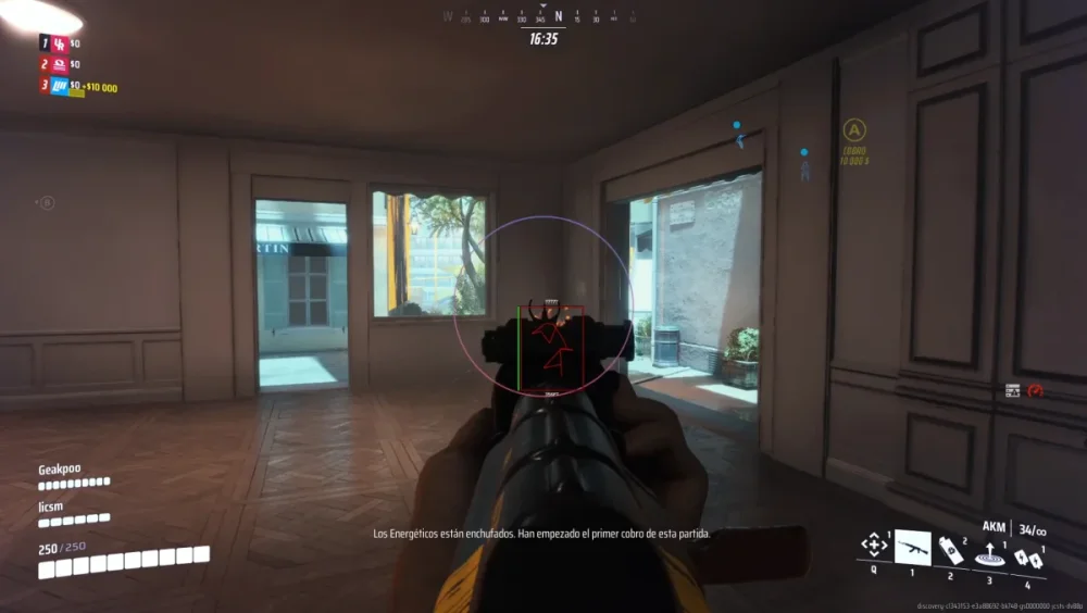First-person shooter game scene inside a room with large windows. The player aims a gun with a digital sight. Tactical atmosphere, HUD displays stats.